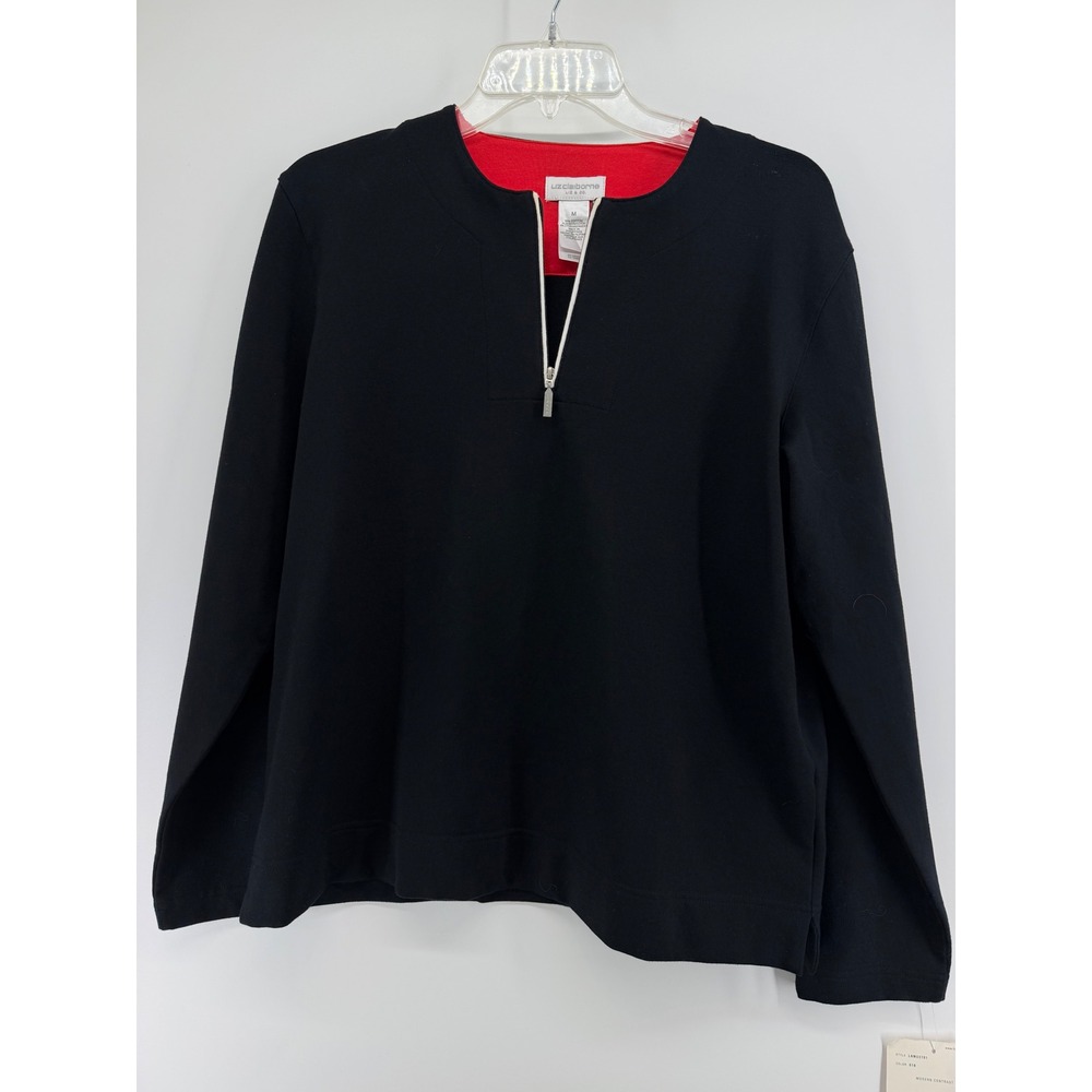 Liz Claiborne Liz & Co Womens Black Red Quarter Zip Long Sleeve Top M NEW - Picture 2 of 8